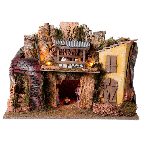 Scenografia natività con capanna 40x60x30 cm presepe 10 cm 1