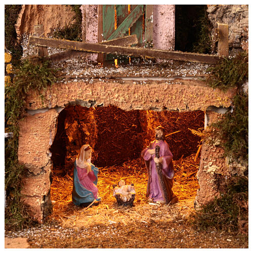 Illuminated setting with 10 cm Nativity Scene, 75x40x50 cm 2