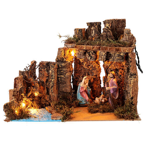 Nativity stable of 35x20x20 cm with figurines and lights for 10-12 cm Nativity Scene 1