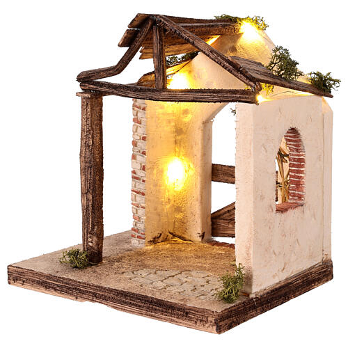 Krippenstall mit LED-Beleuchtung und eingestürztem Dach – für 10-cm-Krippe, 25 × 25 × 20 cm 3