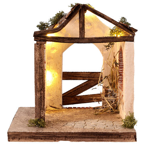 Stable with ruined roof and LED lights for 10 cm Nativity Scene, 25x25x20 cm 1