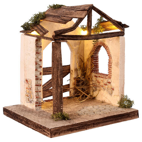 Stable with ruined roof and LED lights for 10 cm Nativity Scene, 25x25x20 cm 2