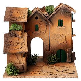 Group of three houses for 4 cm Nativity Scene, wood and cork, 15x15x15 cm