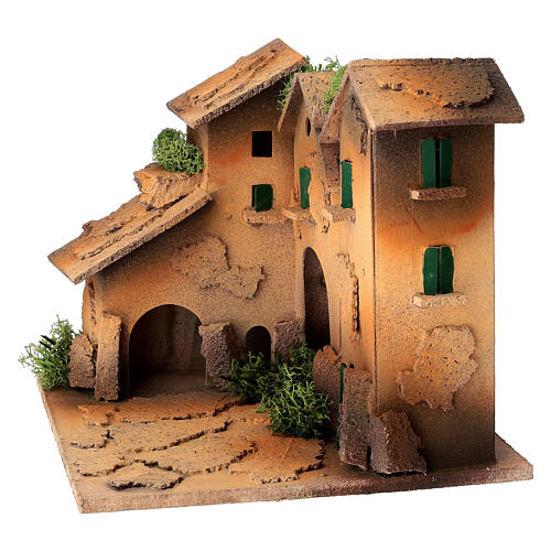 Group of three houses for 4 cm Nativity Scene, wood and cork, 15x15x15 cm 3