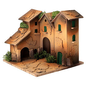 Grupo de três casas para presépio 4 cm em madeira e cortiça 15x15x15 cm
