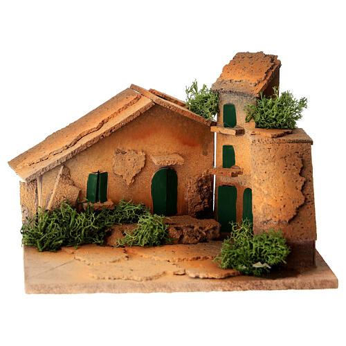 Square with painted cork houses for 3 cm Nativity Scene, 10x15x15 cm 1
