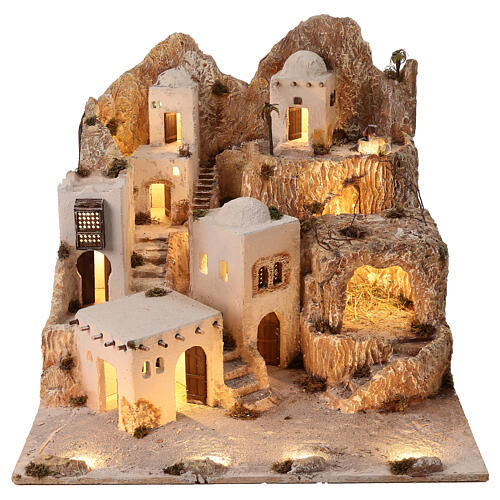 Orientalische Dorfkulisse – neapolitanische Krippenlandschaft mit Beleuchtung und Bewegungsfunktion, für 14 cm Krippe, 80 × 95 × 120 cm, Modul 1 1