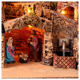 Ambientazione presepe illuminata fontana funzionante e natività 10 cm 30x30x35 cm
