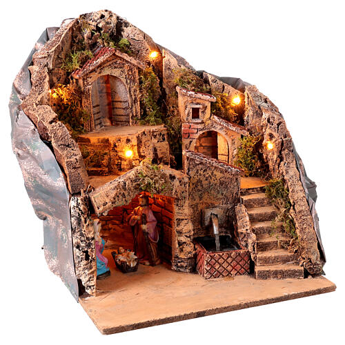 Ambientazione presepe illuminata fontana funzionante e natività 10 cm 30x30x35 cm 4
