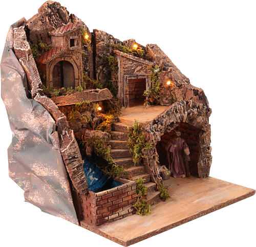Capanna con cascata e natività illuminata 35x40x30 cm presepe 8-10 cm  5