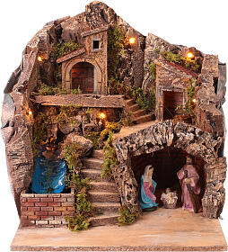 Cabana com cascata e Natividade iluminada 35x40x30 cm para presépio de 8-10 cm