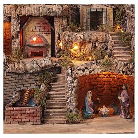 Capanna con Natività mulino cascata 55x60x45 cm presepe 8-10 cm 