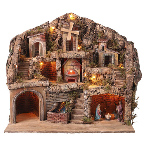Capanna con Natività mulino cascata 55x60x45 cm presepe 8-10 cm  1