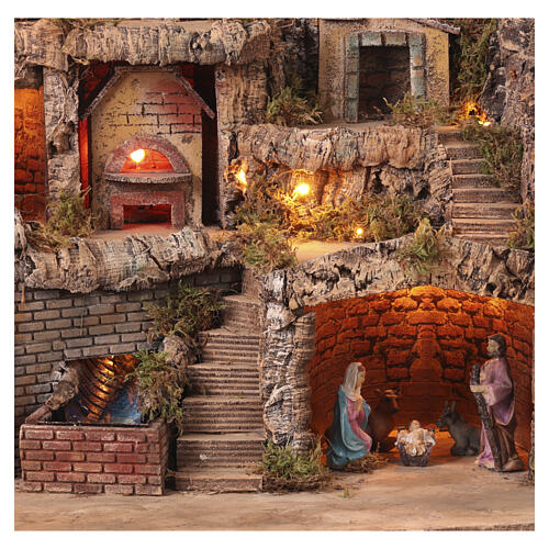 Capanna con Natività mulino cascata 55x60x45 cm presepe 8-10 cm  2