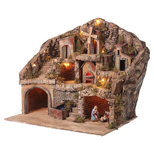 Capanna con Natività mulino cascata 55x60x45 cm presepe 8-10 cm  3
