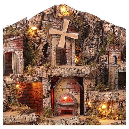 Capanna con Natività mulino cascata 55x60x45 cm presepe 8-10 cm  4