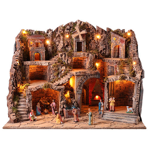 Village with 10 cm Neapolitan Nativity Scene, set of 13 statues, lights, waterfall, oven and windmill, 80x65x60 cm 1
