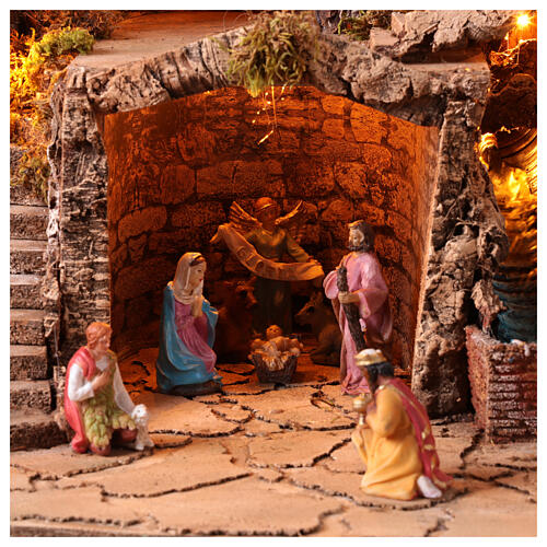 Village with 10 cm Neapolitan Nativity Scene, set of 13 statues, lights, waterfall, oven and windmill, 80x65x60 cm 2