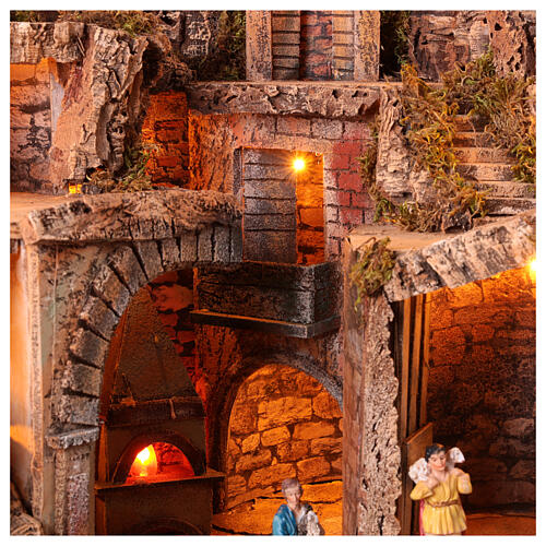 Village with 10 cm Neapolitan Nativity Scene, set of 13 statues, lights, waterfall, oven and windmill, 80x65x60 cm 8