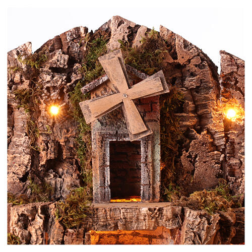 Borgo presepe Napoletano 10 cm completo 13 pz luci cascata forno mulino vento 80x65x60 cm 3