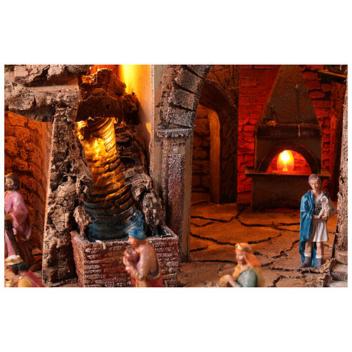 Borgo presepe Napoletano 10 cm completo 13 pz luci cascata forno mulino vento 80x65x60 cm 6