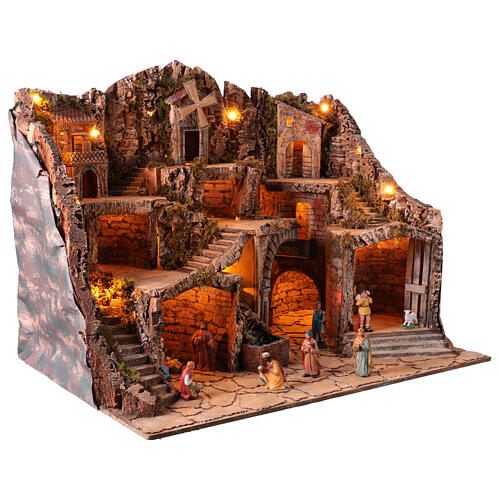 Borgo presepe Napoletano 10 cm completo 13 pz luci cascata forno mulino vento 80x65x60 cm 7