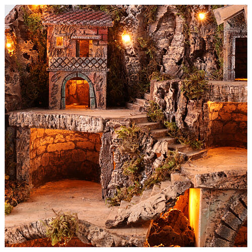 Borgo presepe Napoletano 10 cm completo 13 pz luci cascata forno mulino vento 80x65x60 cm 9
