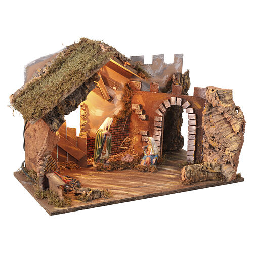 Capanna Sacra Famiglia con luce 40x60x30 cm presepe 8-10 cm 6