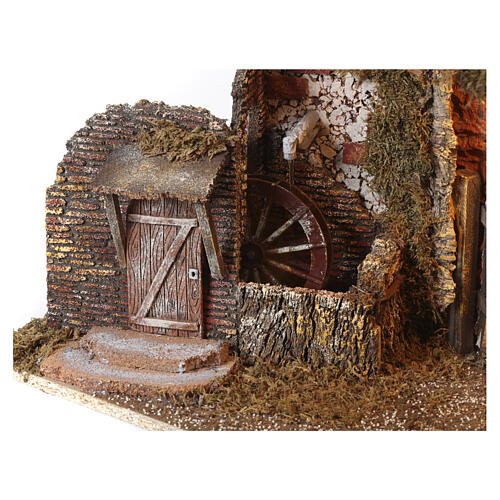 Nativity hut with 10 cm Nativity Scene, lights and watermill, 30x50x30 cm 4