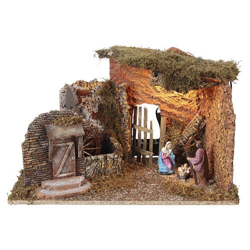 Cabaña belén con Natividad 10 cm luz, molino de agua 30x50x30cm 1