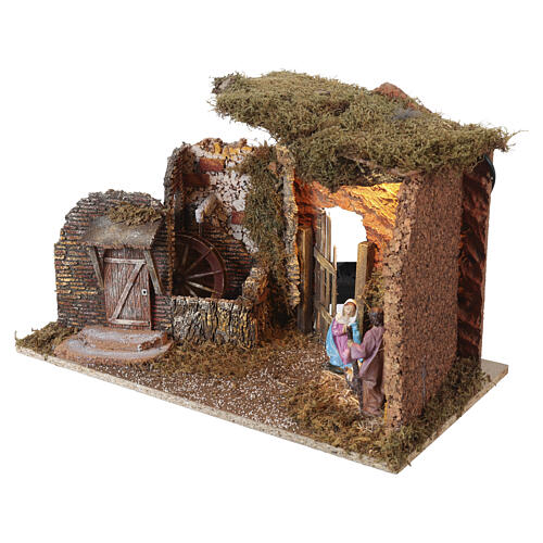 Cabane crèche avec Nativité 10 cm lumière et moulin à eau 30x50x30 cm 3