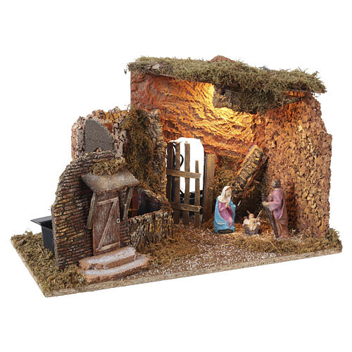 Cabana presépio com Natividade 10 cm luz e moinho de água 30x50x30 cm 5