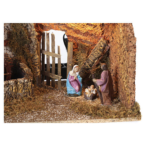 Lighted Nativity Stable with 10 cm, water mill, 30x50x30cm 2