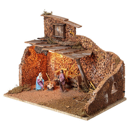 Capanna natività 30x45x30 cm luce effetto fiamma presepe 10 cm 3
