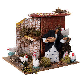 Scène crèche 10 cm femme en poulailler 15x15x15 cm
