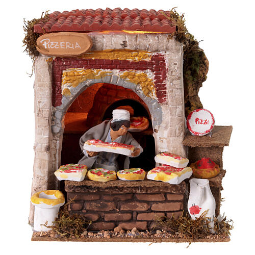 Pizzeria con statua presepe 10 cm movimento 18x15x15 cm  1