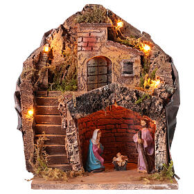 Village with illuminated Nativity Scene and houses for 12 cm Nativity, 30x35x20 cm