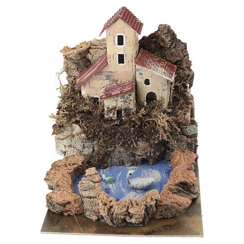Laghetto di montagna con casetta sughero e muschio 10x10x15 cm presepi 4-6 cm 1