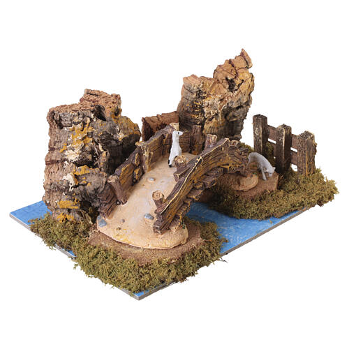 Ponte su fiume presepe 6 cm in resina con pecore 10x20x15 cm 3