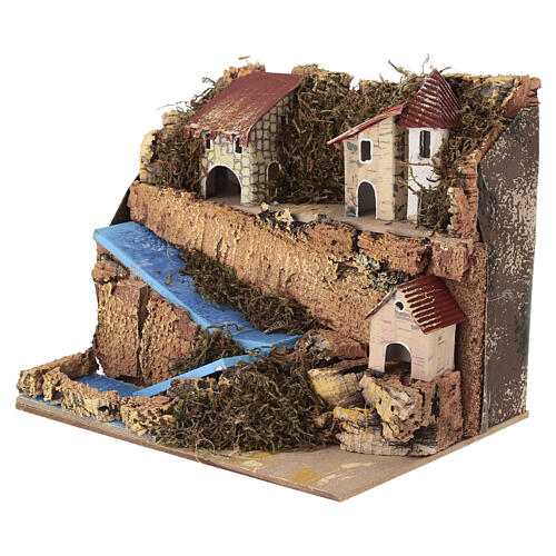 Krajobraz pagórkowaty z jeziorkiem i domkami, 20×20×15 cm - do szopek 6–8 cm 2