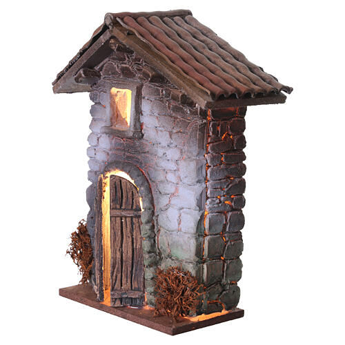 Casa em resina com entrada em arco iluminada 15x10x5 cm para presépios 6 cm 3