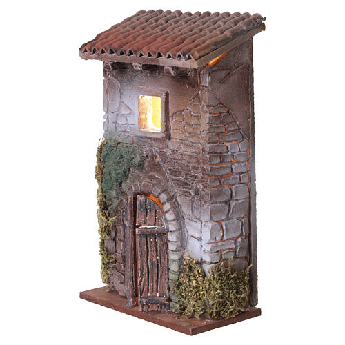 Casa de aldeia em resina com porta em arco iluminada 20x10x5 cm para presépios 6 cm 3