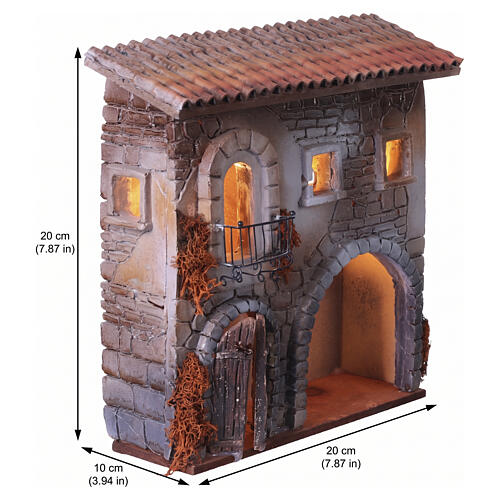 Casa resina balcone e porticato illuminata 20x20x10 cm presepi 6 cm 2