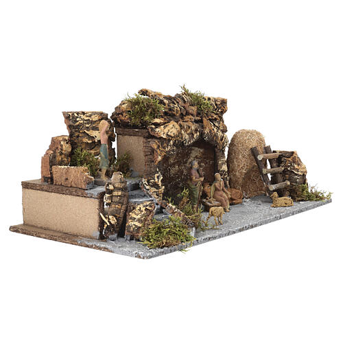 Cueva belén de corcho con escalera y establo 25x55x30 cm para figuras de 10 cm 3