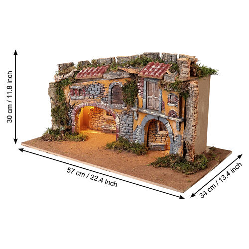 Wooden Nativity stable with LED lights for 8 cm figurines, 30x55x35 cm 2