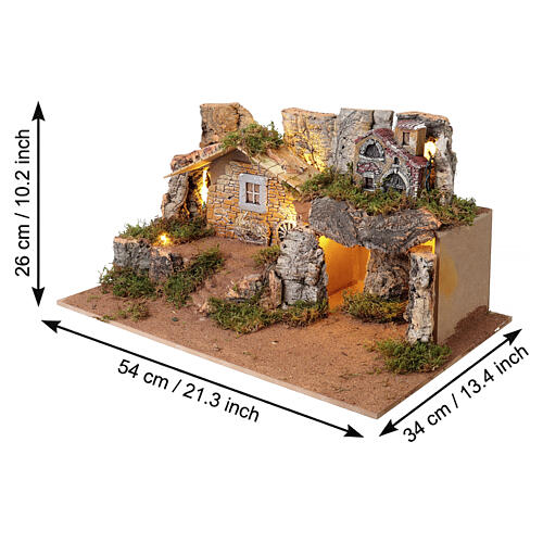 Paesaggio illuminato per presepe 8 cm con borgo e grotta 25x55x35 cm 2