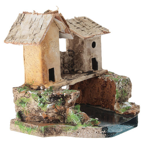 Casa rustica con fiume in resina 10x10x10 cm per presepe 6 cm 3