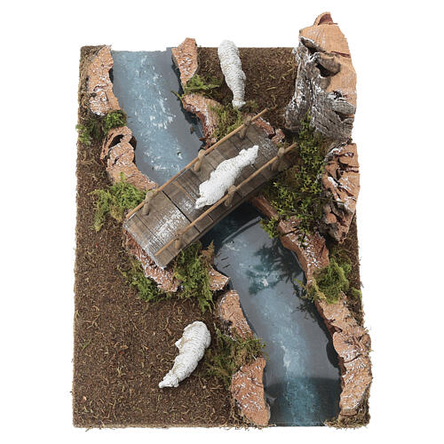 Tratto di fiume con gregge e ponte per presepe 6 cm 10x25x20 cm 2