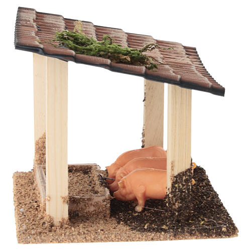 Étable avec trois cochons 10x10x10 cm pour crèche 6 cm 3