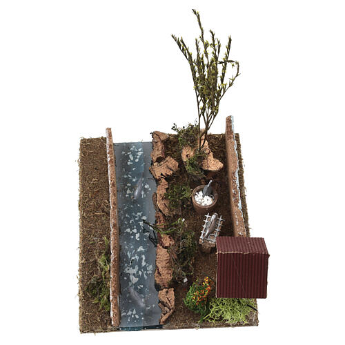 Casa cerca del río con peces y pared para belén 6 cm 15x20x15 cm 2